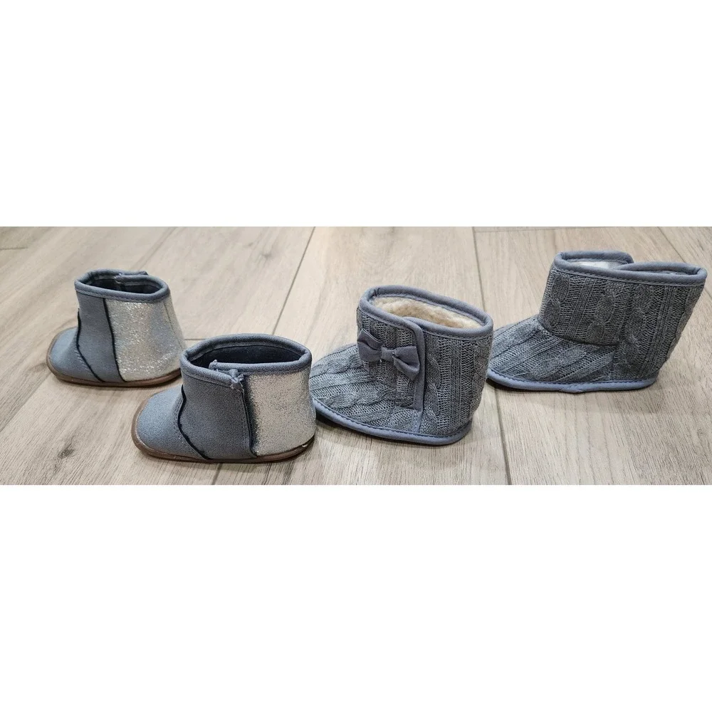 Baby Girls Gray‎ Boots (2 pair) Sparkle Knit Crib Shoes Size 2